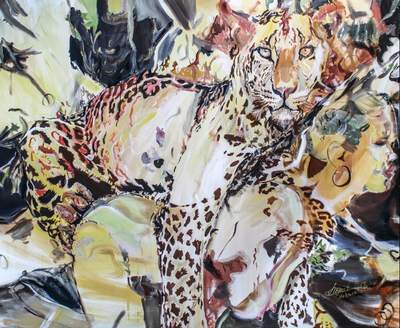 Ingrid Grillmayr - Leopard in a landscape - 2019, oil on linen 180 x 150 cm